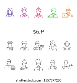 Stuff icons. Set of line icons on white background. Sheriff, welder, graduate. Job concept. Vector illustration can be used for topics like career, service, occupation