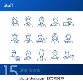 Stuff icons. Set of line icons on white background. Sheriff, welder, graduate. Job concept. Vector illustration can be used for topics like career, service, occupation
