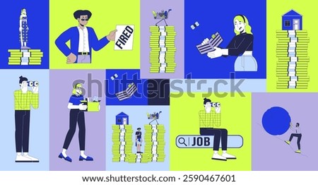 Stuff layoff crisis bento grid illustration set. Financial issues after dismissal 2D vector image collage design graphics collection. Corporate employees losing job flat characters moodboard layout