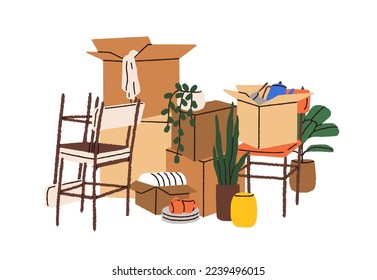 Stuff packed in boxes for moving. Cardboard packages pile, stack with belongings, home properties, kitchenware, furniture and potted house plants. Flat vector illustration isolated on white background