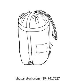 Stuff Sack camping bag line art icon vector. Simple backpack, storage carry sack for travel outline object. Knapsack black and white illustration
