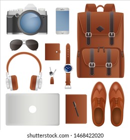 Stuff set work or travel. Realistic illustration photo camera, sunglasses, phone, laptop, headphones, backpack, pen, notebook, keys, watch, purse, shoes. Vector illustration