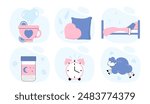 Stuff for sleep set. Mug with hot drink, sheep, clock, melatonin tablets and bed. Dreams and sleep. Rest and relax, recuperation. Linear vector collection isolated on white background