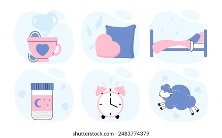 Stuff for sleep set. Mug with hot drink, sheep, clock, melatonin tablets and bed. Dreams and sleep. Rest and relax, recuperation. Linear vector collection isolated on white background