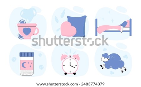Stuff for sleep set. Mug with hot drink, sheep, clock, melatonin tablets and bed. Dreams and sleep. Rest and relax, recuperation. Linear vector collection isolated on white background