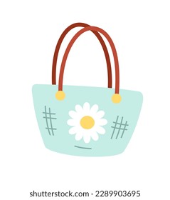 Stuff for summer travel. Sticker with stylish beach bag for women. Fashionable wicker accessory for holidays and vacations in summer. Cartoon flat vector illustration isolated on white background