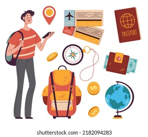Stuff for tourism travel vacation accessories tourist bag objects bundle doodle style hand drawn isolated graphic design element concept illustration set collection