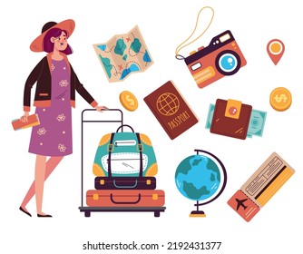 Stuff for tourism travel vacation accessories tourist bag objects bundle doodle style hand drawn isolated graphic design element concept illustration set collection