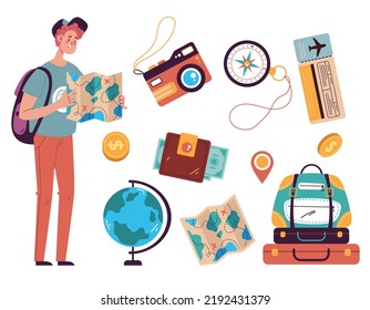 Stuff for tourism travel vacation accessories tourist bag objects bundle doodle style hand drawn isolated graphic design element concept illustration set collection