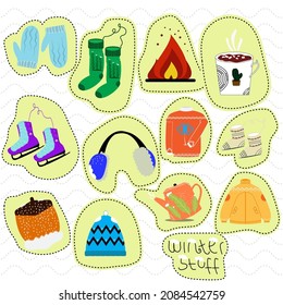 stuff for winter on wavy white background