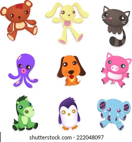 Stuffed animal toy collection. Includes teddy bear, rabbit, cat, octopus, dog, pig, horse, penguin and elephant. In different colors brown teddy bear illustration. 
