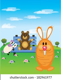 stuffed animals on colorful background/They met a Cabbit/Teddy and the unicorn meet a Cabbit