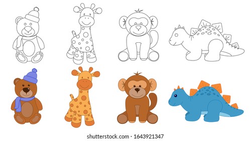 Stuffed animals toys. Coloring. Clipart. Teddy bear, giraffe, monkey, dinosaur