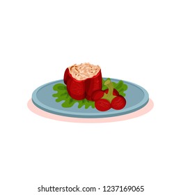 Stuffed baked pepper on a plate, Bulgarian cuisine national food dish vector Illustration on a white background