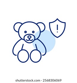 Stuffed bear. Baby toy and insurance shield with exclamation mark. Child-safe environment, potential hazard alert. Pixel perfect, editable stroke icon