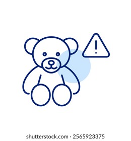 Stuffed bear and exclamation mark in triangle. Hazard warning, children products safety and alerts. Pixel perfect, editable stroke icon