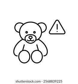 Stuffed bear and exclamation mark in triangle. Hazard warning, children products safety and alerts. Pixel perfect vector icon