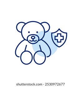 Urso recheado e escudo de seguro de saúde. Crianças cuidados médicos, proteção e amor familiar. Ícone de vetor perfeito de pixel