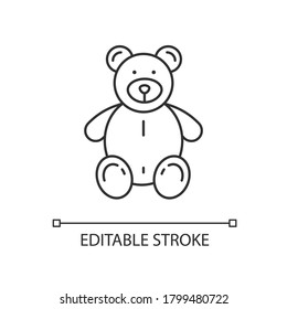 Stuffed bear linear icon. Plush animal for kids. Children soft toy. Furry doll for child. Thin line customizable illustration. Contour symbol. Vector isolated outline drawing. Editable stroke