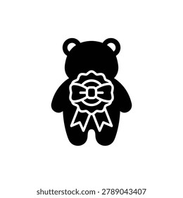 Stuffed bear prize with ribbon bow, vector icon. Plush teddy bear prize with ribbon bow on chest representing carnival reward toy, isolated on a clean background in flat vector icon style.