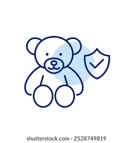 Stuffed bear, security shield with checkmark. Children insurance and protection. Safe environment and charity. Pixel perfect vector icon