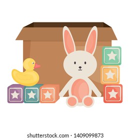 stuffed bunny and cubes with ducky square frame and birthday elements vector illustraitor