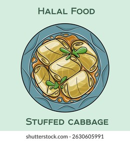 Stuffed cabbage Halal is a traditional dish made with cabbage leaves wrapped around a filling of spiced meat and rice, prepared according to Islamic dietary laws.