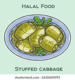 Stuffed cabbage Halal is a traditional dish made with cabbage leaves wrapped around a filling of spiced meat and rice, prepared according to Islamic dietary laws.
