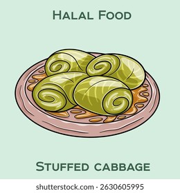 Stuffed cabbage Halal is a traditional dish made with cabbage leaves wrapped around a filling of spiced meat and rice, prepared according to Islamic dietary laws.