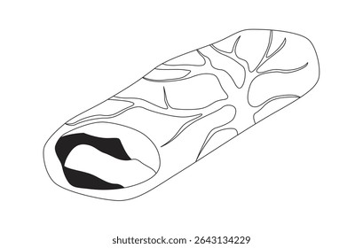 Stuffed cabbage roll 2D line object. Leafy green wrapped food. Leaf texture, meat filling. Vegan roll dish. Asian cuisine isolated clipart vector ink outline item. Monochrome spot illustration