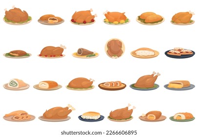 Stuffed chicken icons set cartoon vector. Roast duck. Food family