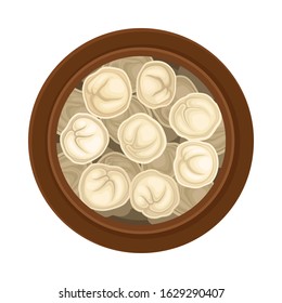 Stuffed Dumplings Floating in Pot with Bouillon Top View Vector Illustration