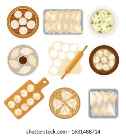 Stuffed Dumplings Rested on Plates and Wooden Cutting Boards Top and Side View Vector Set