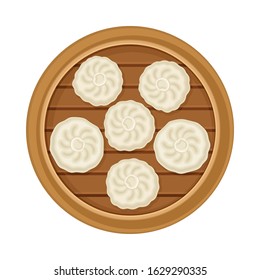 Stuffed Dumplings Rested on Wooden Plate Top View Vector Illustration