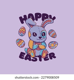 A stuffed easter bunny   the quote Happy easter  Happy Easter   Eggs  bunny ears  in pastel colors 