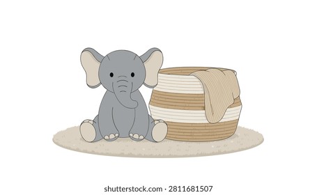 Stuffed elephant toy placed on a rug next to a woven storage basket with a blanket inside.