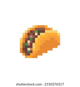 Stuffed Flatbread, pixel art icon, fried meat pastries and vegetable isolated vector illustration. 8-bit sprite. Design for stickers, logo, mobile app.