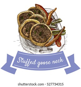 Stuffed goose or chicken neck colorful illustration. Vector illustration of israeli cuisine.