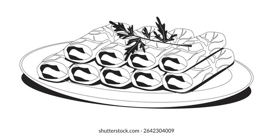 Folhas de uva recheadas servidas em placa 2D objeto linha. Repolho. Prato de dolma. Aperitivos enrolados. Envoltório de folhas. Culinária item isolado clipart vetor tinta contorno. Ilustração de ponto monocromático