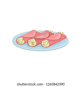 Stuffed ham rolls on blue plate. Tasty snacks for banquet. Food theme. Flat vector design