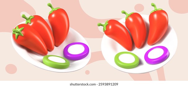 Stuffed hot vegetables. Red peppers on white plate. Mexican dish with spices