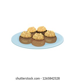 Stuffed mushrooms on blue plate. Tasty snacks. Appetizing food for festive banquet. Flat vector design