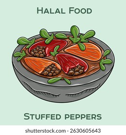 Stuffed peppers Halal are bell peppers filled with a savory mixture of halal meat, rice, and spices, baked to perfection.
