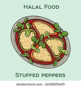 Stuffed peppers Halal are bell peppers filled with a savory mixture of halal meat, rice, and spices, baked to perfection.