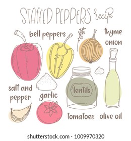 Stuffed peppers. hand draw illustration. Vegan recipe with lentils and bell peppers.