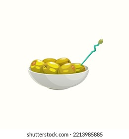 Stuffed pickled green olives with toothpick in white ceramic bowl isolated realistic icon. Vector appetizer snack, spain or greek cuisine food. Full plate of olives with salmon or shrimp, gourmet dish