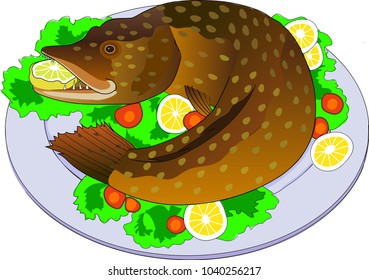 Stuffed pike with vegetables on a platter