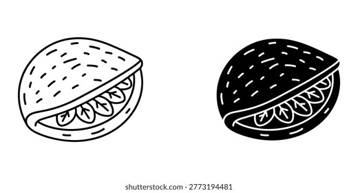 Stuffed pita pocket bread icon with salad greens. Mediterranean snack street food vector illustration for menu branding, isolated graphic asset on white background, culinary food design style.