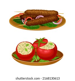 Stuffed with Rice Tomato and Skewered Kofta or Meatloaf as Egyptian Dish Vector Illustration Set