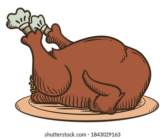 Stuffed and roasted turkey decorated with leg booties over plate in hand drawn retro style, isolated over white background.